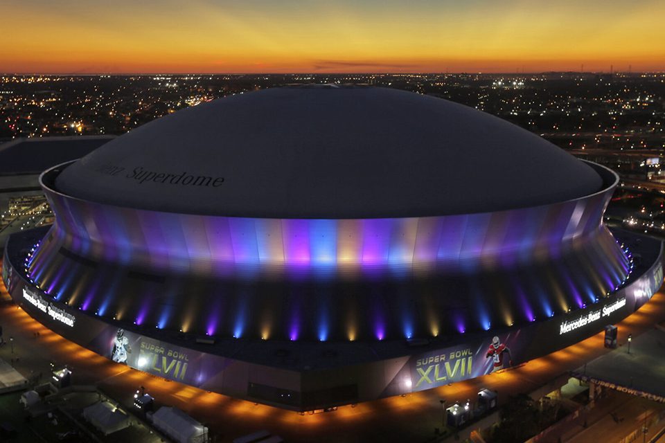 A view of the dome at night from above.