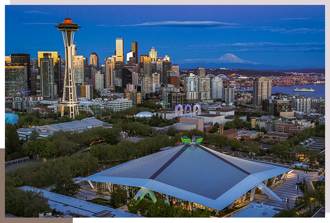 A view of the city skyline from above.